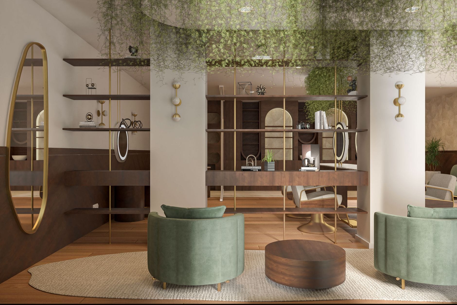 Nowoczesny salon w stylu boutique hotel z eleganckimi meblami i zielenią